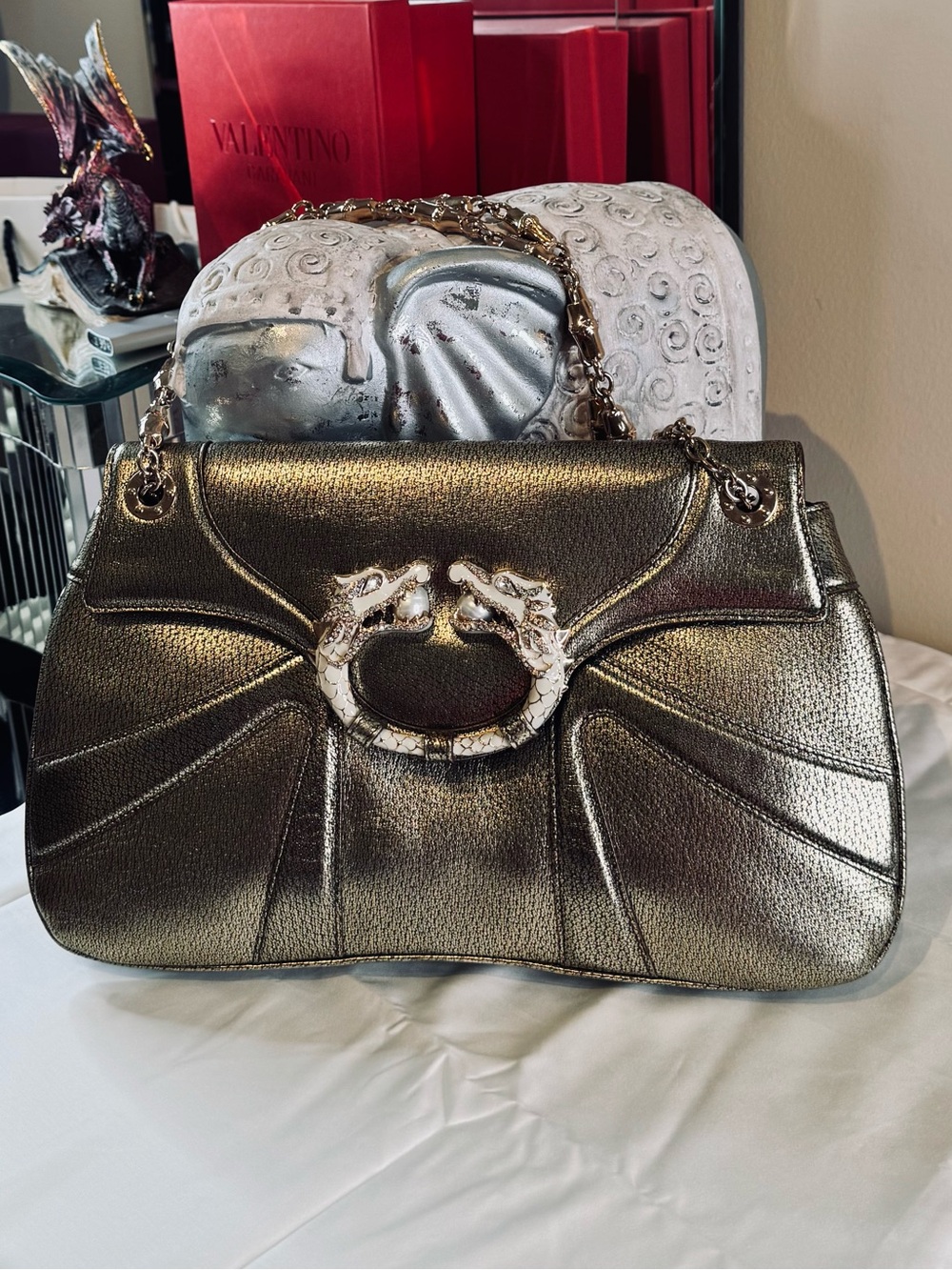 Rare Gucci Tom Ford Dragon Metallic Gold Leather Shoulder Bag